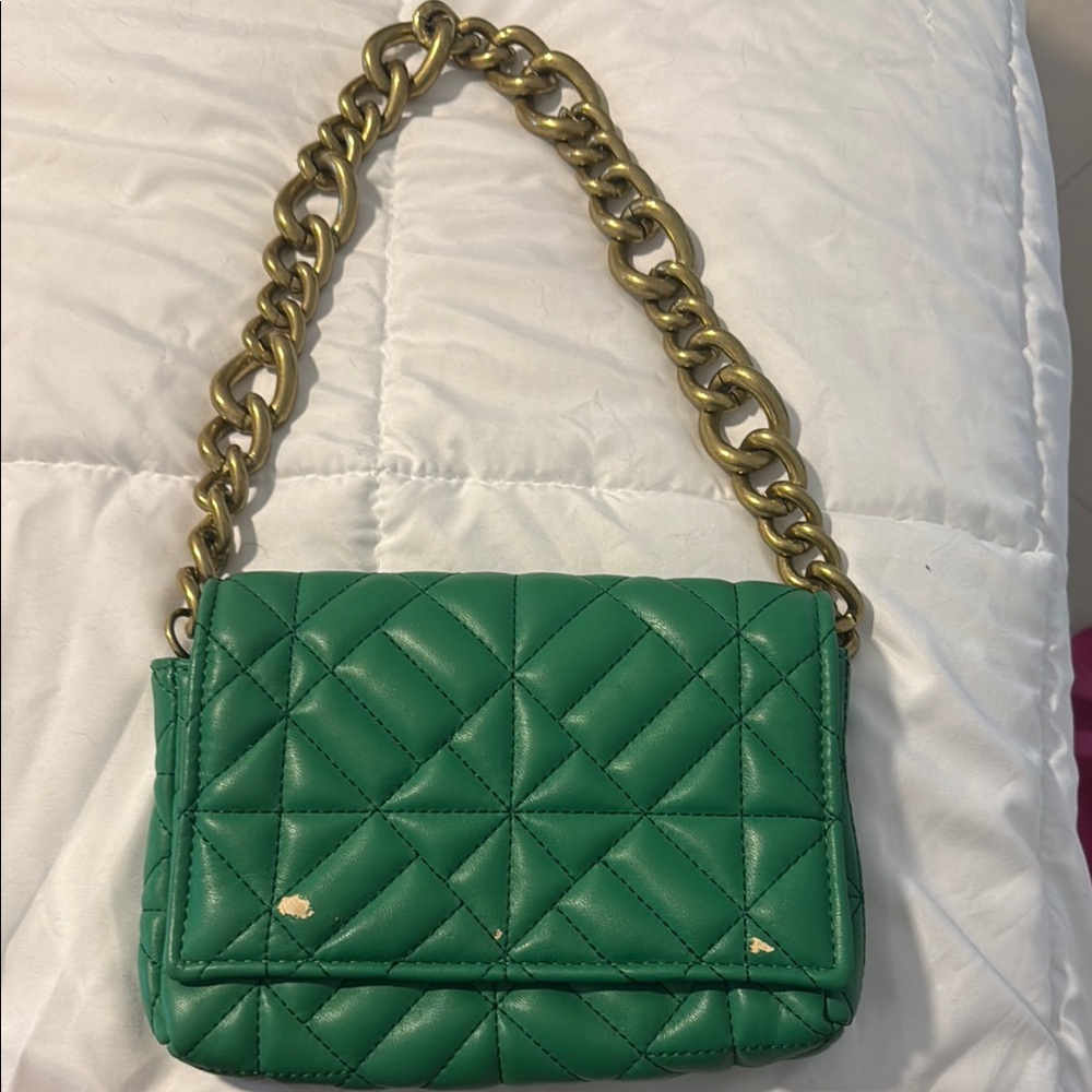 Zara Green Quilted Shoulder Bag with Chain